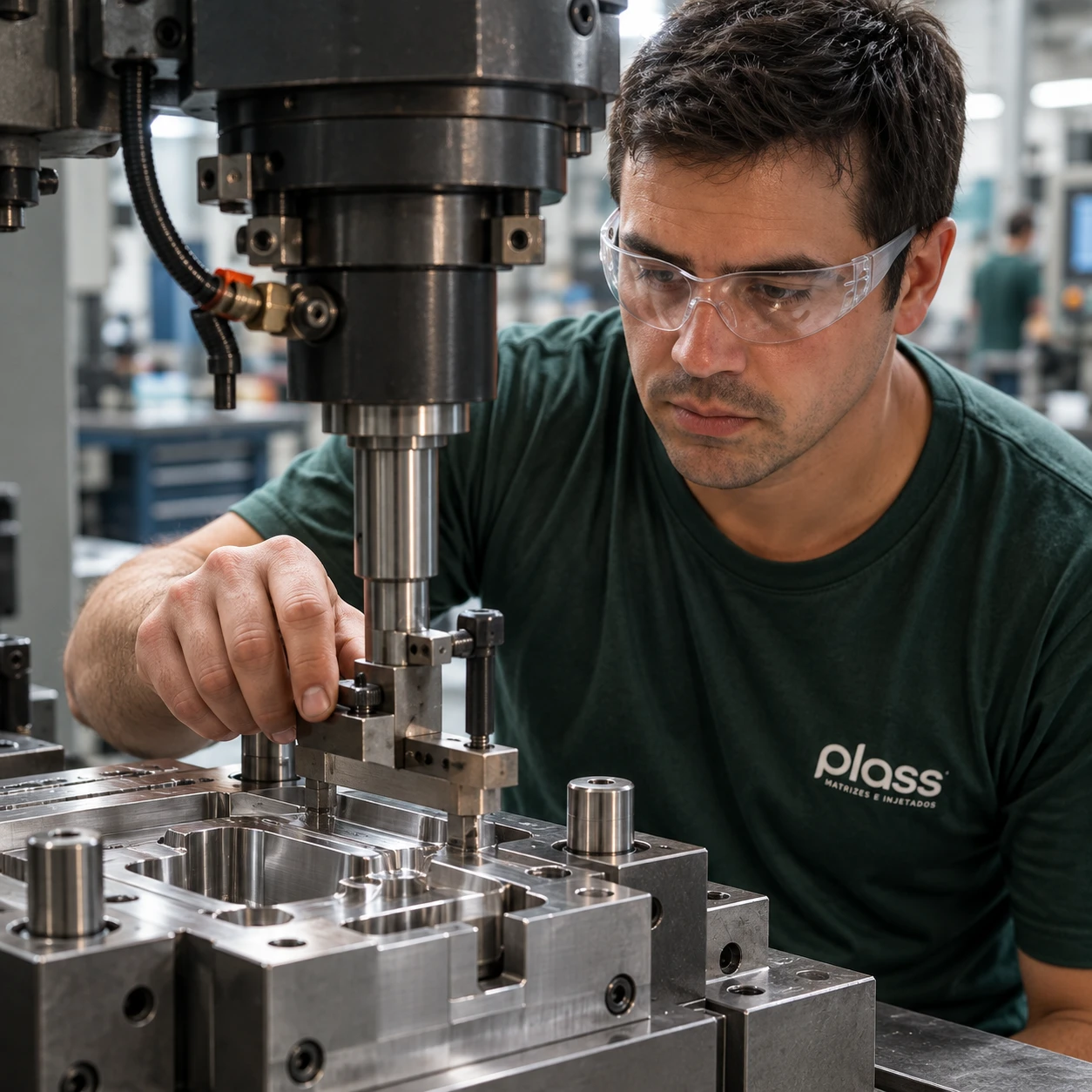 um profissional trabalhando no ajuste de um molde de precisão